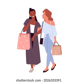 Stylish girls best friends shopping, young happy characters walking with purchase in bags