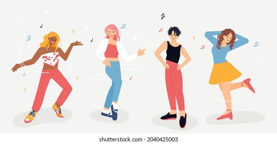 Stylish girls are dancing. flat design style vector illustration.