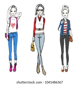 Stylish girls in fashion clothes with bag. Hand drawn beautiful girl sketch, vector illustration, girls illustration set