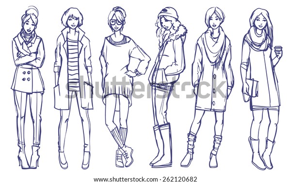 スタイリッシュな女の子のファッションイラスト 6種類の街並み 春と秋のカジュアルウェア 白い背景にベクター画像アウトラインフリーハンドスケッチ のベクター画像素材 ロイヤリティフリー
