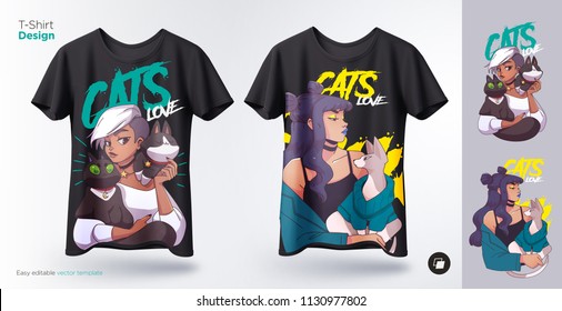 Stylish girls with their cats. Prints on T-shirts, sweatshirts, cases for mobile phones, souvenirs. Vector illustration.