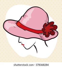 Stylish glamorous lady contour with red lips and a pink hat with red flower.