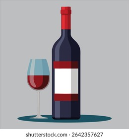 Stylish glass and bottle placed symmetrically on pastel surface.