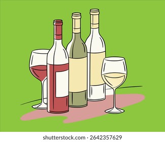 Stylish glass and bottle placed symmetrically on pastel surface.