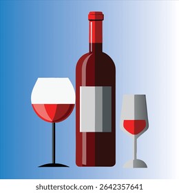 Stylish glass and bottle placed symmetrically on pastel surface.