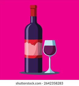 Stylish glass and bottle placed symmetrically on pastel surface.