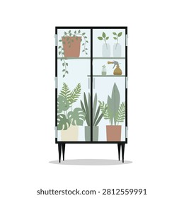 A stylish glass cabinet featuring multiple shelves displaying a collection of diverse indoor plants in pots and propagation vessels.