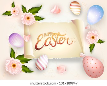 Stylish glittering text happy easter decorated with realistic flowers and eggs on glossy background.