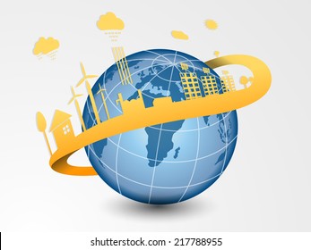 Stylish globe with rounded road shape for Traffic signal showing on shiny silwer background.