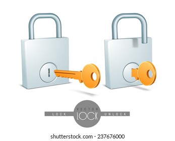 Elegante sistema de bloqueo y desbloqueo brillante con llaves anaranjadas para seguridad en fondo blanco.