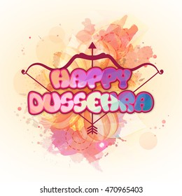 Stylish glossy text Happy Dussehra with Bow and Arrow on abstract background, Creative Poster, Banner or Flyer design for Indian Festival celebration.