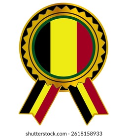 Stylish gold badge featuring the national flag of Belgium with vertical black, yellow, and red stripes. Includes matching ribbon accents in national colors, symbolizing pride, unity, and heritage.
