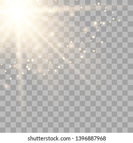 Stylish gold light effect isolated on a black background. Golden rays. Bright explosion. Flying golden magical dust. Sunlight. Vector illustration. EPS 10