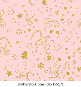 Stylish gold Merry Christmas seamless pattern with different elements. Seamless pattern can be used for wallpapers, pattern fills, web page backgrounds, wrapping paper