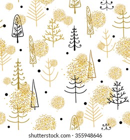 Stylish gold Merry Christmas seamless pattern with different tree. Seamless pattern can be used for wallpapers, pattern fills, web page backgrounds, wrapping paper.
