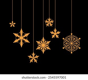 Flocos de neve em ouro elegantes de vários designs pendurados em um pano de fundo preto, adicionando um toque de sofisticação aos visuais com tema de inverno e feriado.