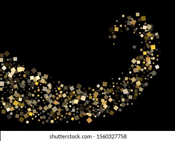 Stylish gold square confetti sparkles flying on black. Rich New Year vector sequins background. Gold foil confetti party particles texture. Overlay sparkles invitation backdrop.