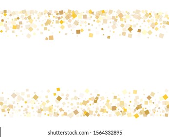 Stylish gold square confetti tinsels scatter on white. VIP holiday vector sequins background. Gold foil confetti party decoration space. Many particles invitation backdrop.
