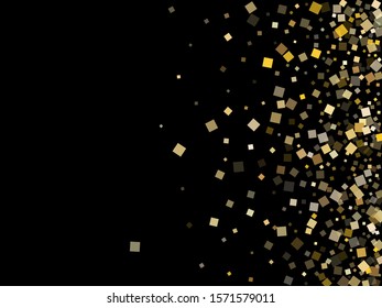 Stylish gold square confetti tinsels scatter on black. VIP holiday vector sequins background. Gold foil confetti party glitter texture. Overlay particles surprise backdrop.