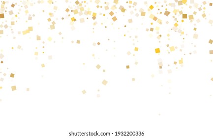 Stylish Gold Square Confetti Tinsels Falling On White. Luxurious Christmas Vector Sequins Background. Gold Foil Confetti Party Decoration Space. Square Particles Party Background.