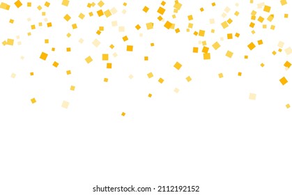 Stylish gold square confetti tinsels falling on white. Luxurious Confetti Fall From Top To Bottom. Postcard Square Design eps.10