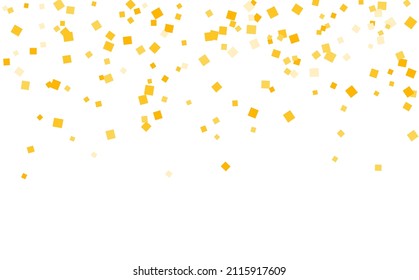 Stylish gold square confetti tinsels falling on white. Luxurious Confetti Fall From Top To Bottom. Postcard Square Design eps.10