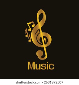 Stylish gold vector music logo featuring a bold treble clef and floating notes above the word “Music”. Perfect for music schools, labels, bands, or audio apps seeking a refined, professional identity.