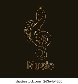 Stylish gold vector music logo featuring a bold treble clef and floating notes above the word “Music”. Perfect for music schools, labels, bands, or audio apps seeking a refined, professional identity.