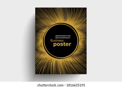 Stylish gold-black poster with rays, and round in the middle. Design layout template.