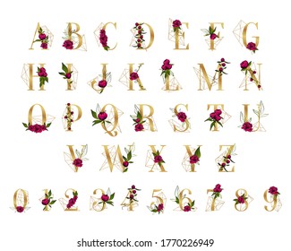 stylish golden alphabet letters and numbers decorated with purple peony flowers isolated on white background