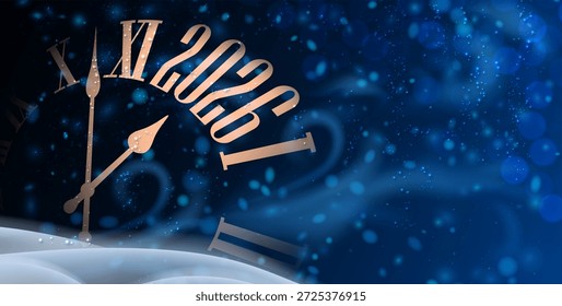 Stylish golden clock approaching midnight against a blue festive background. Vector illustration for New Year celebrations.