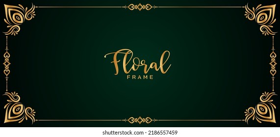 Stylish golden floral frame border dark green banner design vector