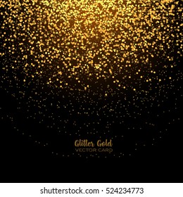 Stylish golden glitter round confetti on black vector background. Shining gold shimmer luxury square design card. Glowing snow for Christmas.