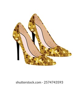 Stylish golden high-heeled shoes. Elegant footwear design for fashion and women’s themes. Flat vector illustration isolated on white background.