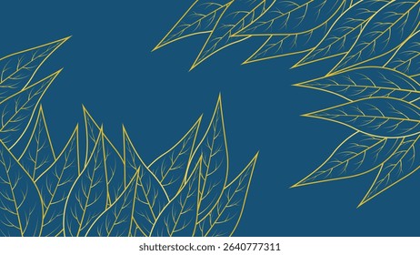 Stylish golden leaf background with fine line art on deep blue surface ideal for luxury themes and decor