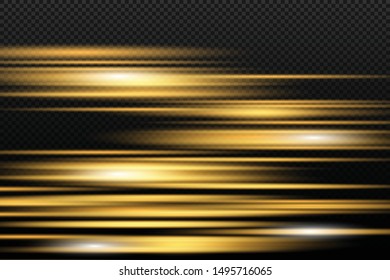 Stylish golden light effect. Abstract laser beams of light. Chaotic neon rays of light. Golden glitters. Isolated on transparent dark background. Vector illustration. EPS 10