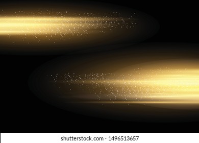 Stylish golden light effect. Abstract laser beams of light. Chaotic neon rays of light. Golden glitters. Isolated on transparent dark background. Vector illustration. EPS 10