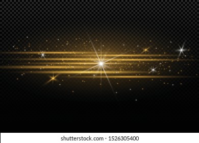 Stylish golden light effect. Abstract laser beams of light. Chaotic neon rays of light. Golden glitters. Isolated on transparent dark background. Vector illustration. EPS 10