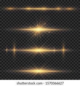 Stylish golden light effect. Abstract laser beams of light. Chaotic neon rays of light. Golden glitters. Isolated on transparent dark background. Vector illustration. EPS 10
