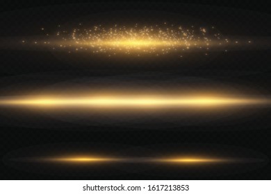 Stylish golden light effect. Abstract laser beams of light. Chaotic neon rays of light. Golden glitters. Isolated on transparent dark background. Vector illustration. EPS 10