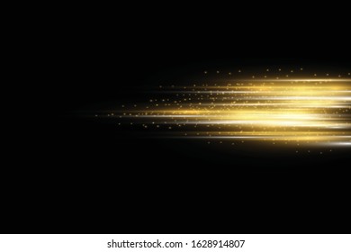 Stylish golden light effect. Abstract laser beams of light. Chaotic neon rays of light. Golden glitters. Isolated on transparent dark background. Vector illustration. EPS 10