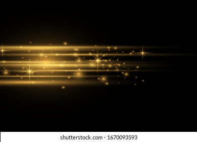 Stylish golden light effect. Abstract laser beams of light. Chaotic neon rays of light. Golden glitters. Isolated on transparent dark background. Vector illustration. EPS 10