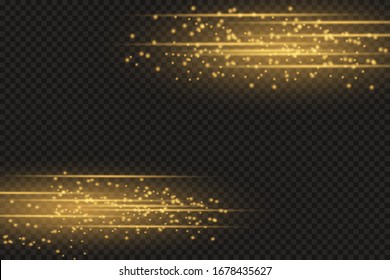 Stylish golden light effect. Abstract laser beams of light. Chaotic neon rays of light. Golden glitters. Isolated on transparent dark background. Vector illustration. EPS 10