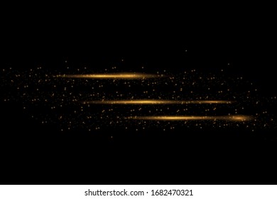 Stylish golden light effect. Abstract laser beams of light. Chaotic neon rays of light. Golden glitters. Isolated on transparent dark background. Vector illustration. EPS 10