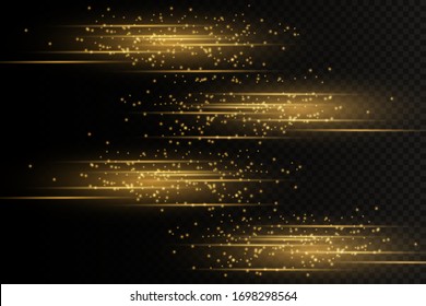 Stylish golden light effect. Abstract laser beams of light. Chaotic neon rays of light. Golden glitters. Isolated on transparent dark background. Vector illustration. EPS 10
