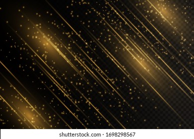Stylish golden light effect. Abstract laser beams of light. Chaotic neon rays of light. Golden glitters. Isolated on transparent dark background. Vector illustration. EPS 10