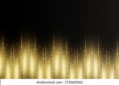 Stylish golden light effect. Abstract laser beams of light. Chaotic neon rays of light. Golden glitters. Isolated on transparent dark background. Vector illustration. EPS 10