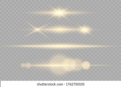 Stylish golden light effect. Abstract laser beams of light. Chaotic neon rays of light. Golden glitters. Isolated on transparent dark background. Vector illustration. EPS 10