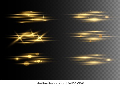 Stylish golden light effect. Abstract laser beams of light. Chaotic neon rays of light. Golden glitters. Isolated on transparent dark background. Vector illustration. EPS 10