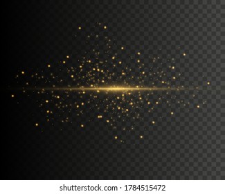 Stylish golden light effect. Abstract laser beams of light. Chaotic neon rays of light. Golden glitters. Isolated on transparent dark background. Vector illustration. EPS 10